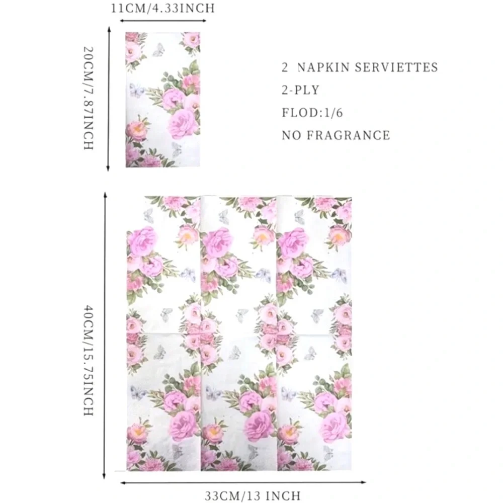 Two (2) Pink Flower & Butterflies Shower Decoupage Guest Towel Napkins